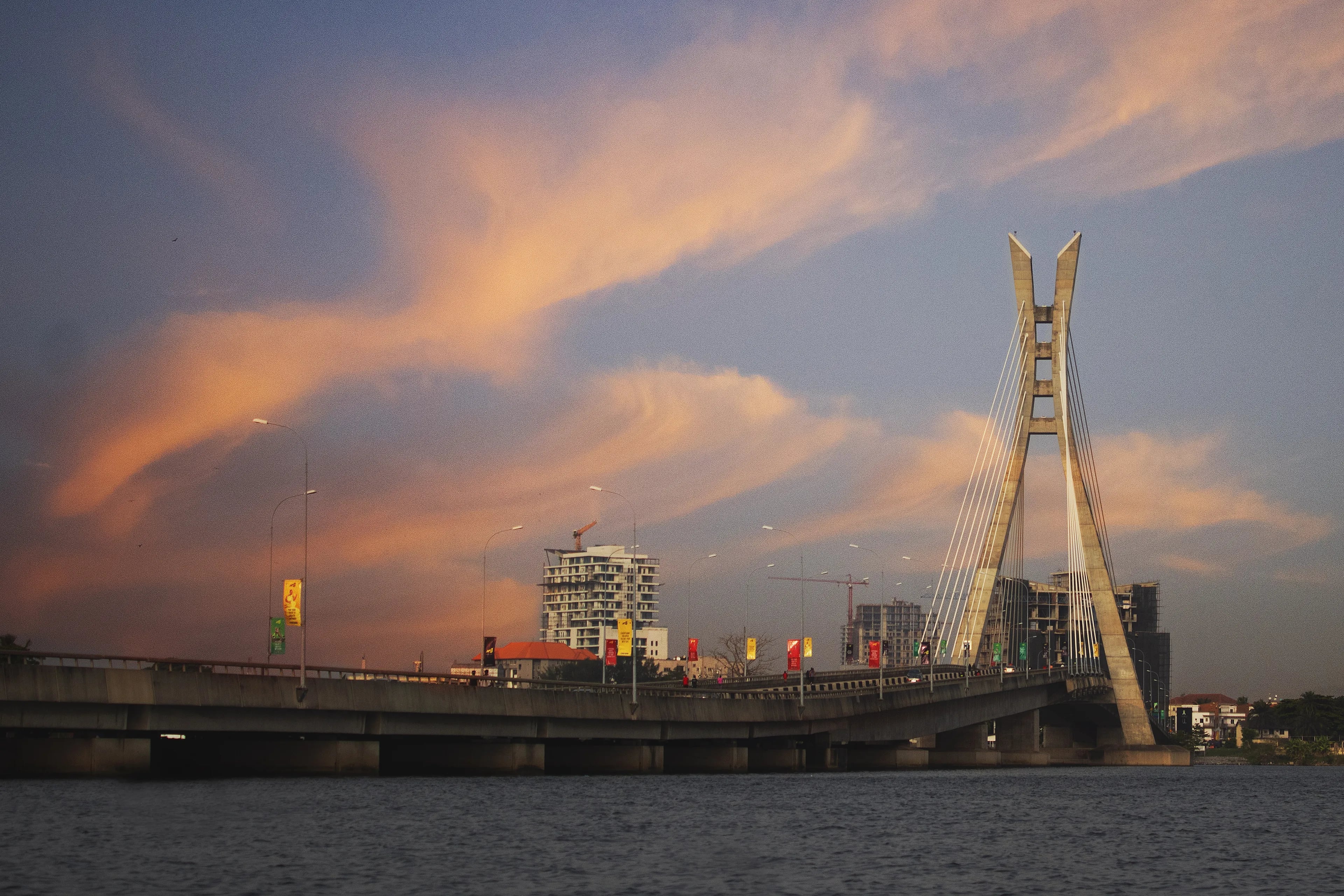 The cable-stayed Lekki-Ikoyi Link Bridge in Lagos at sunset